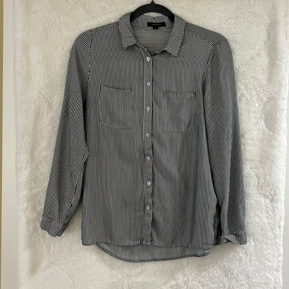 Ambiance Black & White Striped Button-Down Shirt